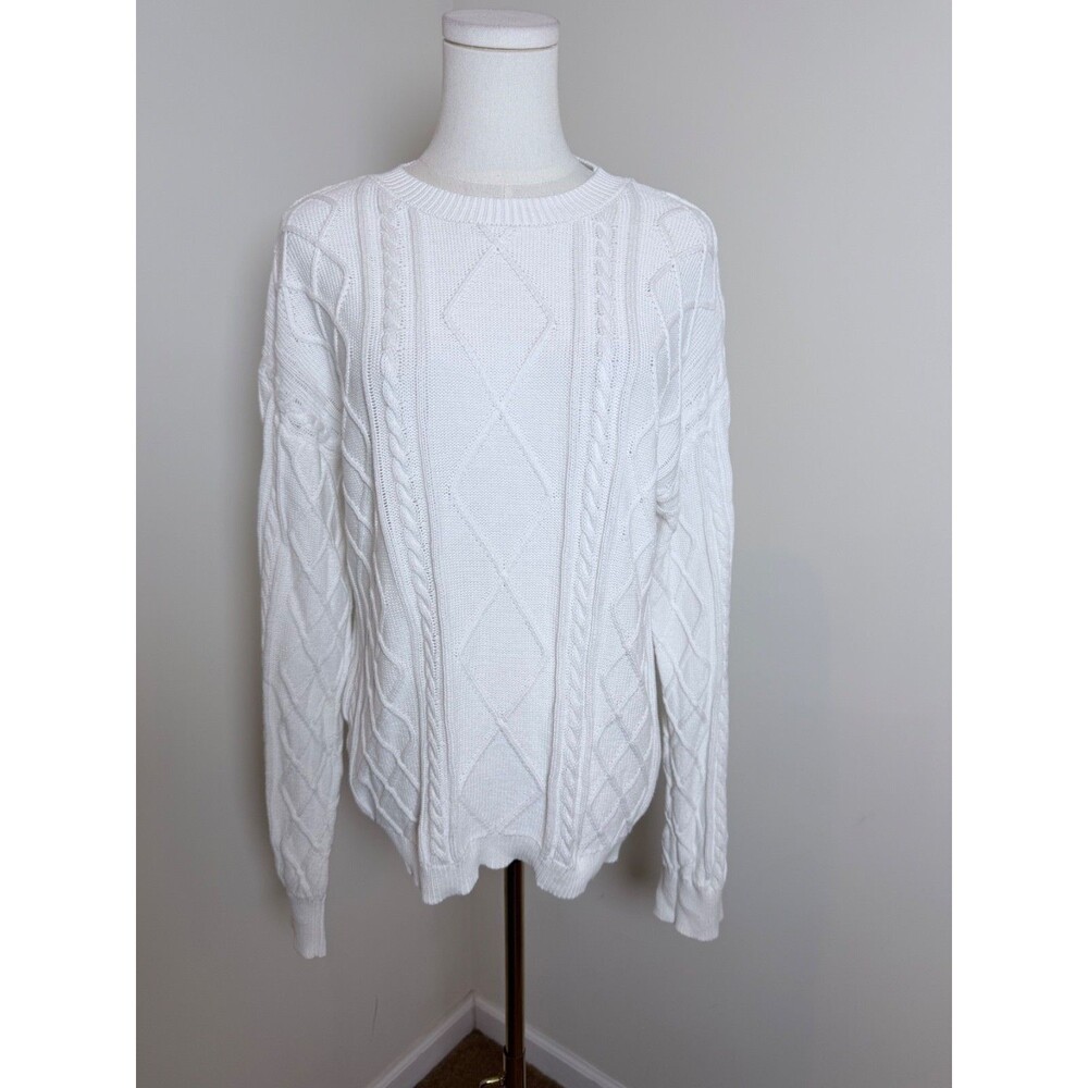 Edikted Women’s Cable Knit Sweater XS White 100% Cotton Crewneck Pullover Preppy